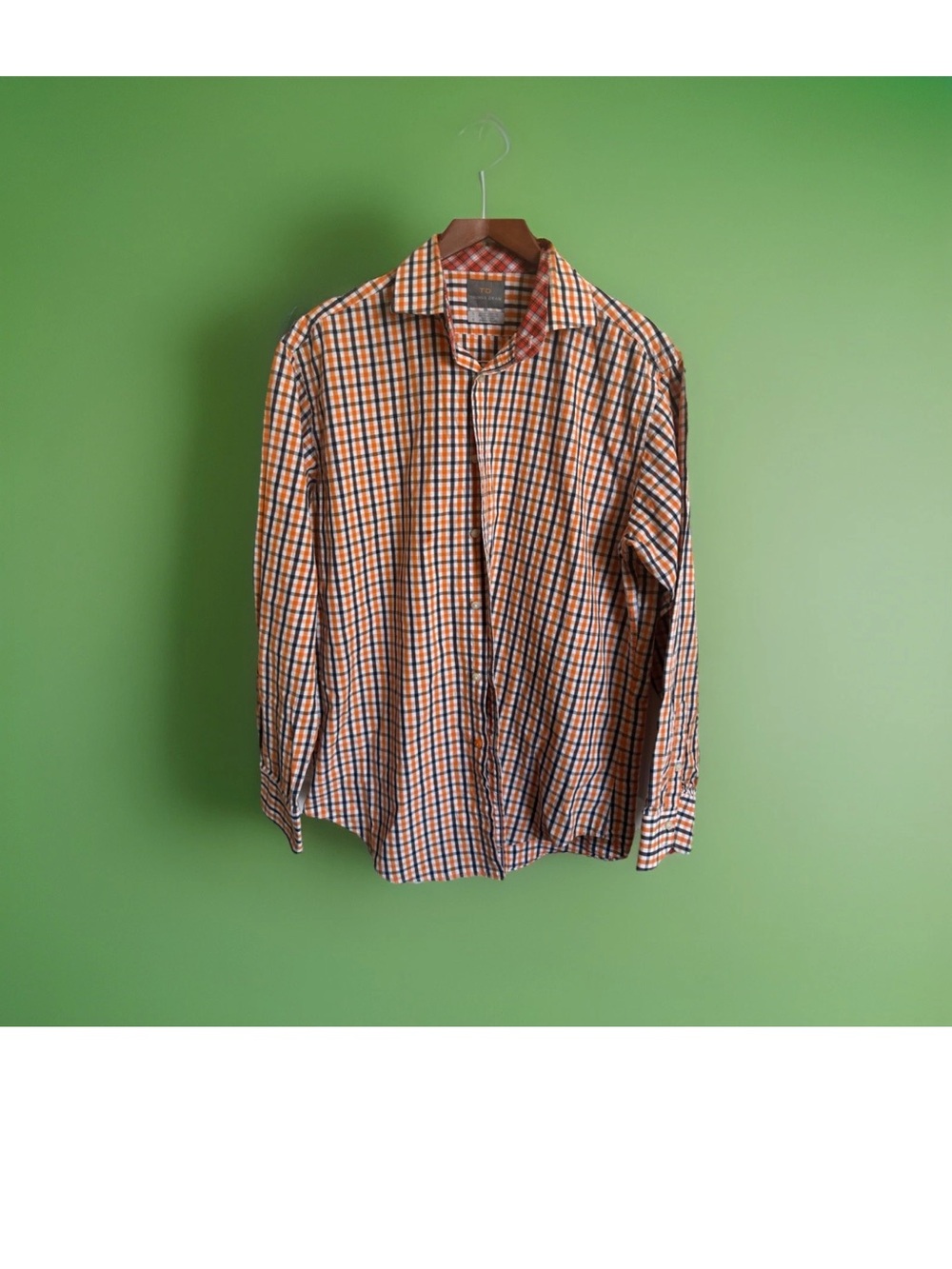 Men's THOMAS DEAN White Orange Black Plaid Shirt Large L